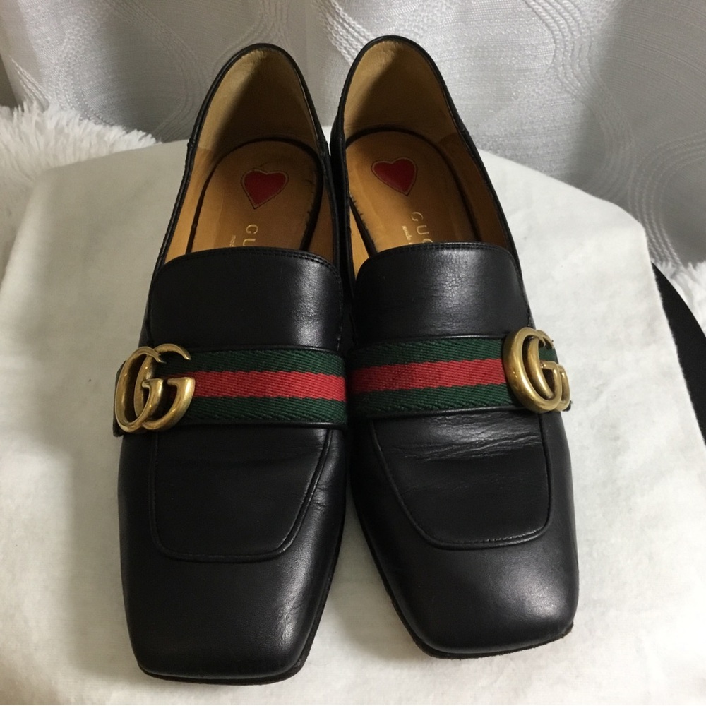 Authentic Gucci Black Leather Loafers with Red and Green Web & Gold Double G - Picture 10 of 12